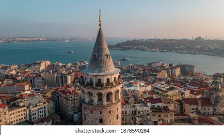 Beyoglu, Istanbul, Turkey - December 2020 : Galata tower made by Genoese, one of the historical symbols of Istanbul. View of Bosphorus and Istanbul