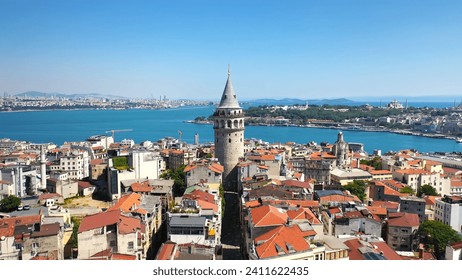 Beyoglu Region and Galata tower, one of the ancient symbols of Istanbul. Crowded city skyline and Bosphorus in the background. Aerial shot with a drone
 - Powered by Shutterstock