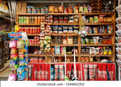 Beyoglu, Turkey - October 20 2019: Packaged FMCG (Fast Moving Consumer Goods) Products Displayed On A Street Shelf Of Traditional Market At Beyoglu.