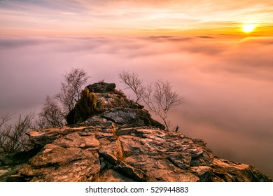 Bezdez Castle Over Clouds At Sunset, Czech Republic