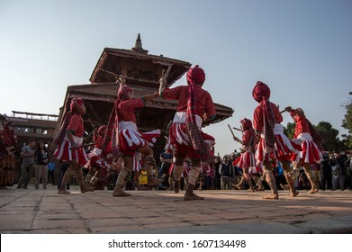 Bhaktapur / Nepal - 11/12/2019: Kids Dancing Maka Dance (Monkey Dance) In Bhaktapur Durbar Square In Nepal