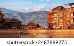 BHAKTAPUR, NEPAL. Nepal attractions. View from the medieval pool Na Pukhu, overlooking the Himalayas.