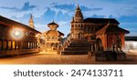 BHAKTAPUR, NEPAL. Bhaktapur Durbar Square, the square in front of the royal palace of the old Bhaktapur Kingdom, illuminated at night.