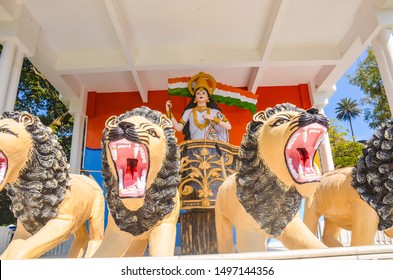 Bharat Mata, An Indian Goddess With Lions And Indian Flag