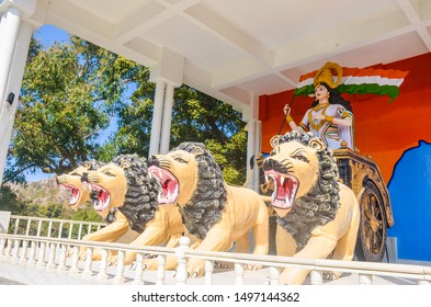 Bharat Mata, An Indian Goddess With Lions And Indian Flag