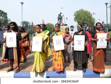 Bharatiya Janta Party Or BJP Mohila Morcha Activist Take Part In A Demonstration In Front Gandhi Statue Demanding Justice For Their Dead Activist At Patashpur  On October 28,2020 In Calcutta, India. 