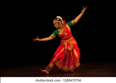 A bharatnatyam dancer displaying a classical bharatnatyam pose during Malimadhavam event in Bengaluru,India on September 1, 2018.
