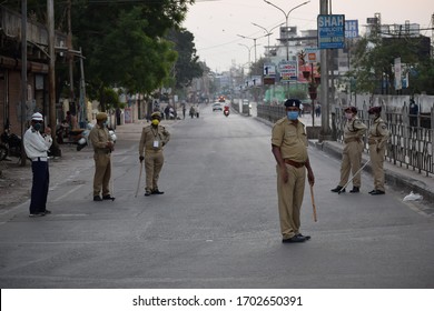 Bharuch, Gujarat / India - April 05 2020: Covid 19 Corona Virus 21 Days Lockdown In India. Police On Duty To Stop People From Roaming In City And Make Them Follow Lockdown To Prevent Spread Of Corona.