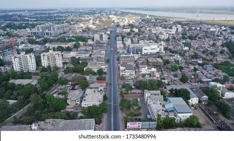 Bharuch, Gujarat / India - April 24,2020: Aerial View Of Empty Roads During Lockdown Due To Covid 19 Coronavirus Pandemic. Empty Roads, No Traffic. 