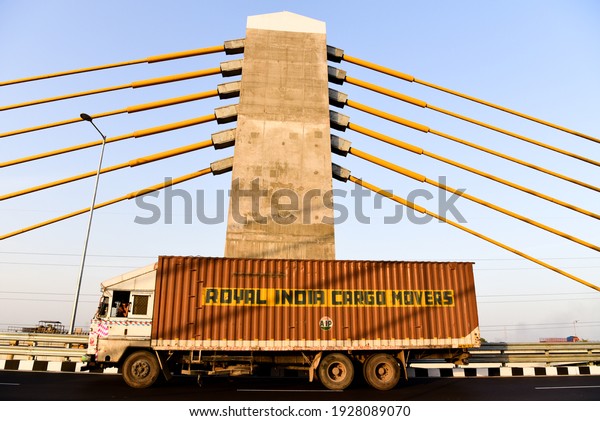BHARUCH-INDIA - December 3, 2017: Four-Lane\
Extradosed cable Bridge over the Narmada river at Bharuch on NH-8,\
Ahmedabad-Mumbai National\
Highway.