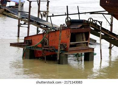 Bholaganj, Bangladesh- June 24, 2022: Stone crusher Machine is flooded due to overflow water that is broken stone at Bholaganj, sylhet, Bangladesh.