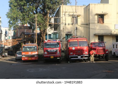 Bhopal, Madhya Pradesh, India - April 02, 2021: View of fire brigade trucks parked near the fire station at Bhopal, Madhya Pradesh, India
