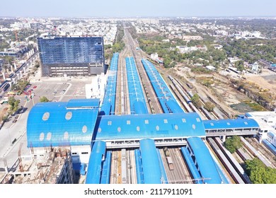 Bhopal, Madhya Pradesh, India - January 26, 2022: Aerial View Of The Progress Of Elevated Metro Rail Construction In Bhopal, Madhya Pradesh, India