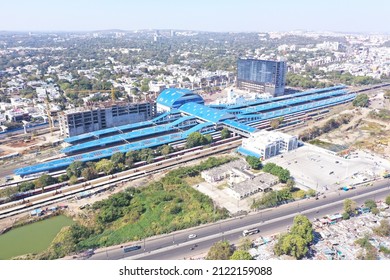 Bhopal, Madhya Pradesh, India - January 26, 2022: Aerial View Of The Progress Of Elevated Metro Rail Construction In Bhopal, Madhya Pradesh, India