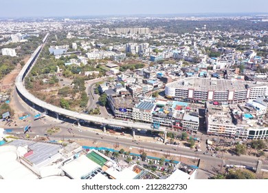 Bhopal, Madhya Pradesh, India - January 26, 2022: Aerial View Of The Progress Of Elevated Metro Rail Construction In Bhopal, Madhya Pradesh, India