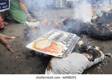 BHOPAL-DECEMBER 2: A Human Hand Throws A Placard Which Asks For The Extradition Of Warren Anderson Into The Burning Effigy ,in Bhopal - India On December 2, 2010.