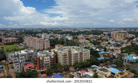 Bhubaneswar, Odisha, India - July 15, 2021: Aerial view of outskirts of of the city at Bhubaneswar, Odisha, India