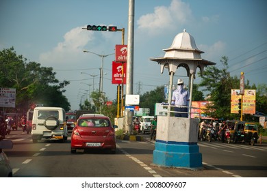 Bhubaneswar, Orisa, India-21 October 2020: Traffic Police in Post during duty on Traffic light  Crossing of Bhubaneswar city