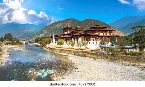 Bhutan , Punakha.The Punakha Dzong Monastery In Bhutan Asia One Of The Largest Monestary In Asiawith The Landscape And Mountains Background.