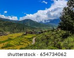 Bhutan, Punakha, panoramic view of valley from Lobesa towards Wangdue Phodrang. Rice crops between the rivers Pho Chhu and Mo Chhu.