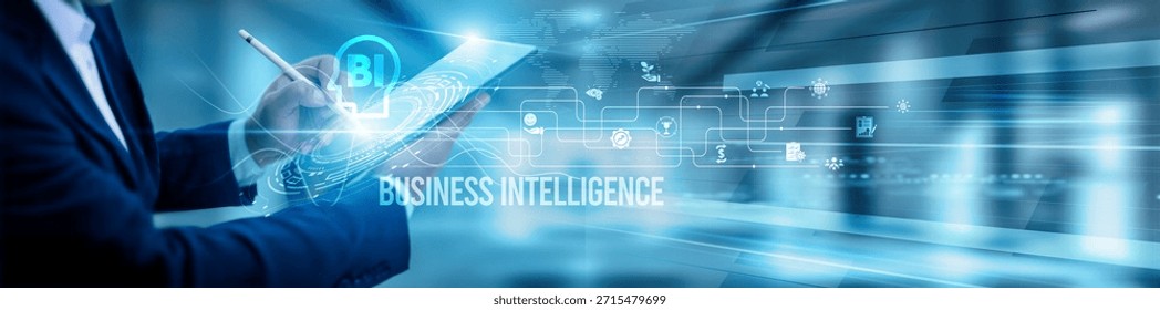 The BI analyst team is using a tablet and analyzing business intelligence dashboards, reporting automation data visualization KPIs predictive analytics, and decision-making digital transformation.