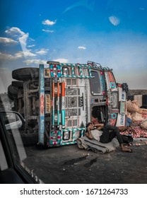 Biaora, India - Jun 3, 2019: A Man Lying Worry Free In Front Of His Truck After Accident.