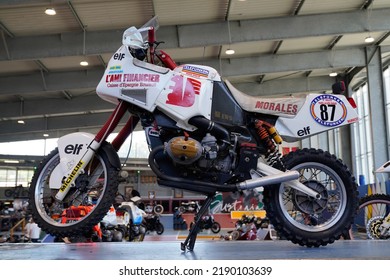 Biarritz , Aquitaine  France - 08 08 2022 : BMW Gs Paris Dakar Racing Motorcycle With Sponsor Morales Caisse D'epargne Elf 1987