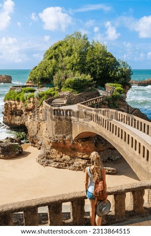 Biarritz,  basque country in France,  beautiful beach and old bridge to the island