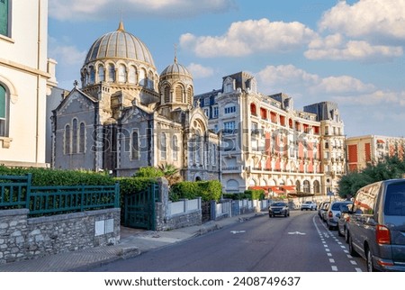 Biarritz, France. Street view with orthodox church and historical buildings.