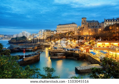Biarritz Old Town, port and St Eugenie church, Basque Country, France, in late evening light