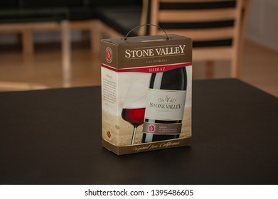 BIB Bag In Box With Shiraz Red Wine From California, USA. Copenhagen, Denmark - April 28, 2019.