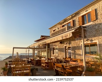 Bibinje, Zadar, Croatia-May, 4, 2022: Cafe By The Adriatic Sea. Selective Focus 