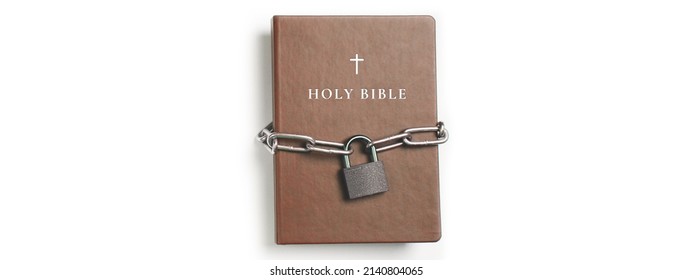 Bible. Book With Lock. A Closed Book Is Banned. Chain And Padlock Wrapped The Book.