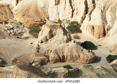 Bible desert with caves on the coast of the Dead Sea where Dead Sea Scrolls were discovered