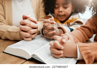 Bible, hands or mom praying with children siblings for prayer, support or hope together in Christianity. Kids education, family worship or woman studying, reading book or learning God in religion - Powered by Shutterstock