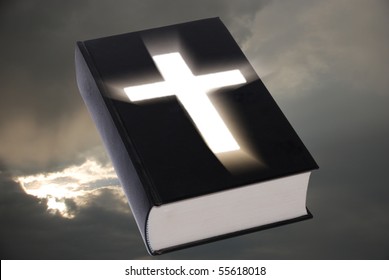 Bible with lighting cross and sky in background