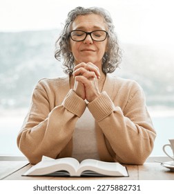 Bible, praying or senior woman in prayer reading book for holy worship, support or hope in Christianity or faith. Relax, meditation or elderly person studying or learning God in spiritual religion - Shutterstock ID 2275882731