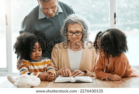 Bible, reading book or grandparents with children for learning, support or hope in Christianity education. Wellness, old man or grandmother studying or teaching kids siblings God in religion together