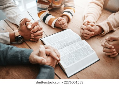 Bible, reading book or hands of big family praying for support or hope in Christian home for worship together. Mother, father or grandparents studying, prayer or asking God in religion with children - Shutterstock ID 2276001553