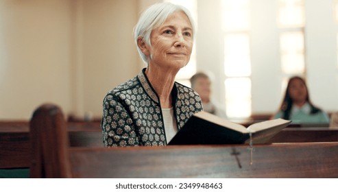 Bible, religion and a senior woman in a church for a sermon on faith or christian belief while sitting in a pew. Prayer, worship or reading with an elderly female person hearing about God and Jesus - Powered by Shutterstock