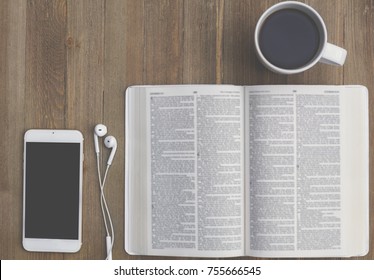 Bible Study with Smart Phone and Coffee, script blurred - Shutterstock ID 755666545