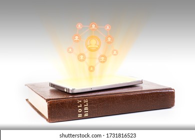 Bible Study Or Teaching Online Via Internet Smartphone With Graphic Of Connection