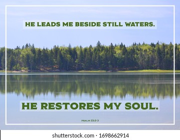 Bible Verse: Psalm 23:2-3 “He Leads Me Beside Still Waters. He Restores My Soul.” Row Of Green Pine Trees Reflecting Off The Calm Water With Blue Sky Background.