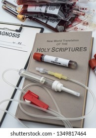 Bible Of The Witness Of Jehova, Concept Of Denial Of Blood Transfusions, Conceptual Image, Vertical Composition