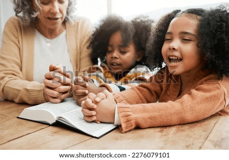 Bible, worship or grandmother praying with kids or siblings for prayer, support or hope in Christianity. Children education, family or old woman studying, reading book or learning God in religion