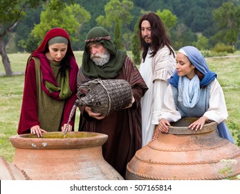 Biblical scene play of the miracle of transformation of water into wine