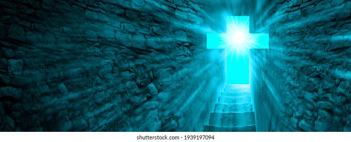 Biblical Story Concept. Resurrection Of Jesus Christ.Religious Easter Background.  Exit From The Cave In The Form Of A Cross. Bright Sun And Stairs Leading To The Exit. Easter Sunday Holy Week Sunrise