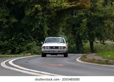 Bicester, Oxon, UK, 10th October 2021. 1971 White Triumph Stag Classic Car