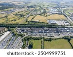 Bicester Village and Bicester town center, amazing aerial view in summer daytime, uk