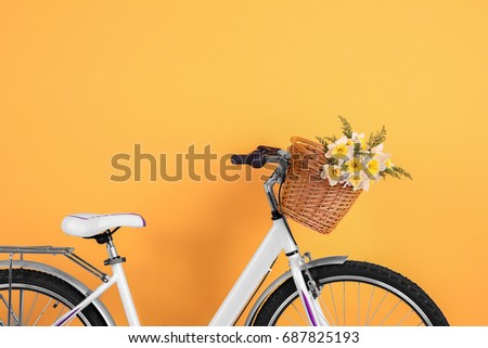 Bicycle with basket of beautiful flowers on color background